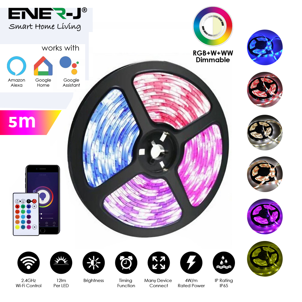 RGB+CCT Smart WiFi LED Strip Kit, 90 LEDs/Mtr LED Strip, WiFi Controller + IR Controller, 2A Adapter with UK Fused Plug.