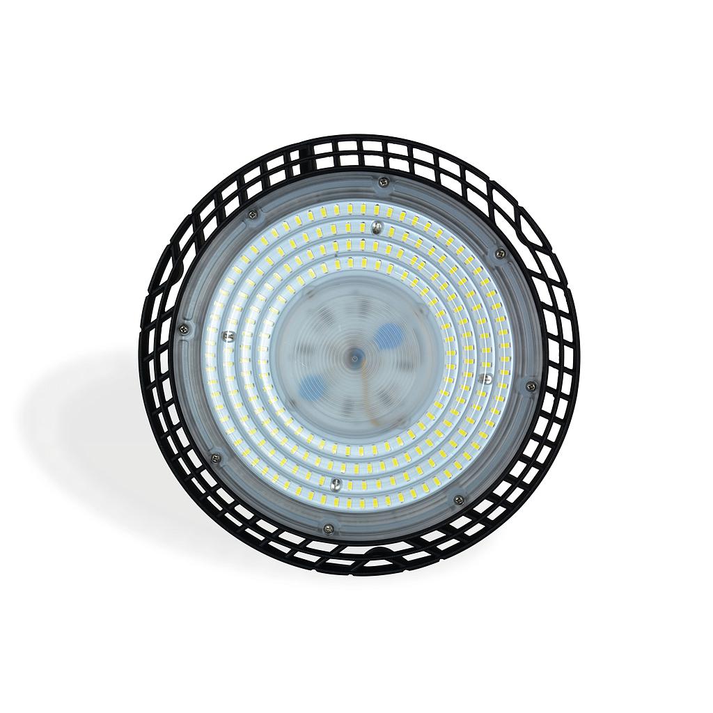 100W UFO Highbay, 140pcs Sanan 2835mil,120lm/w,120°,AC185-265V,4000K,Ra>70,DOB,black color body ,with a hook,3 Year Warranty.IP65.1 meter output cable