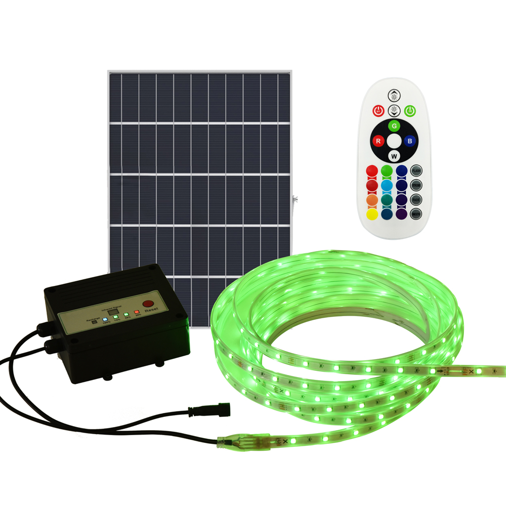 20 Meter Solar LED Strips with Silicon cover, IP65, 6V 12W Solar Panel with 12Ah battery, Remote Included. RGB