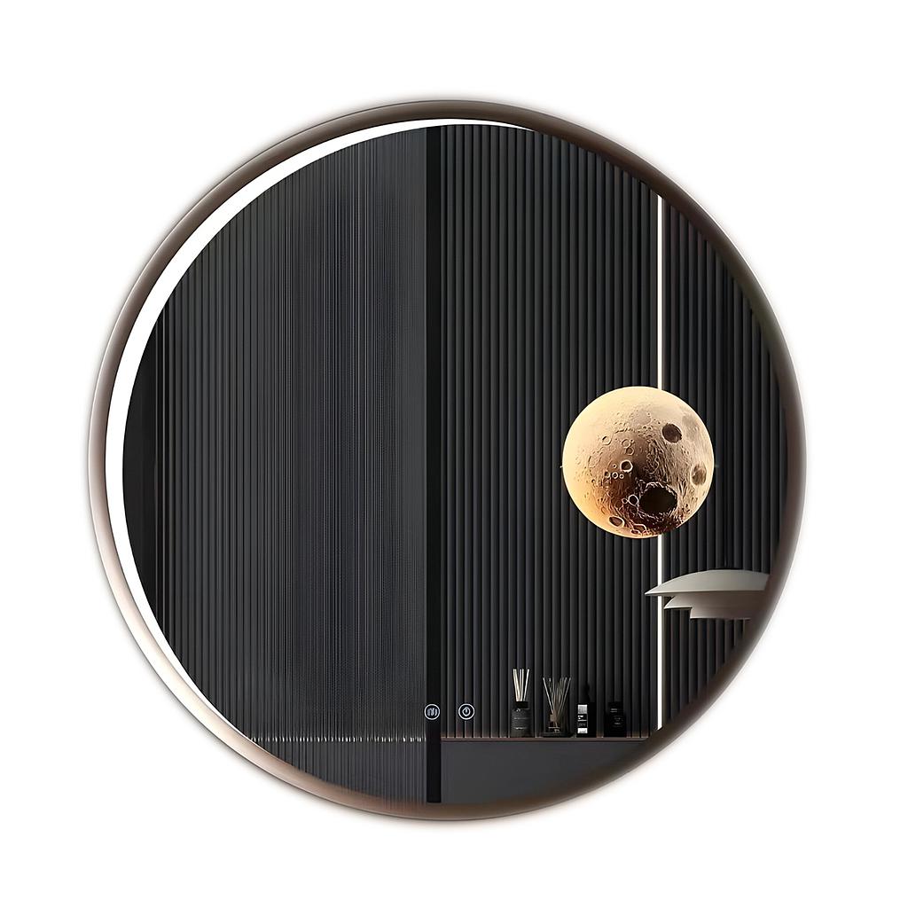 Round Aluminum LED Mirror with Moon Design - 70cm Diameter, Dimmable &amp; CCT Adjustable Lighting